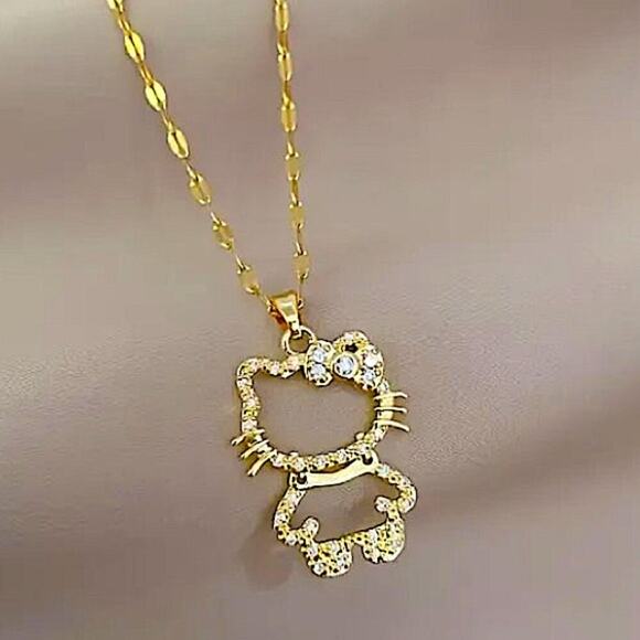 Gold Hello Kitty Hollow Zircon Necklace - Picture 7 of 11